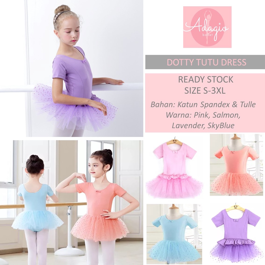 DOTTY BALLET DRESS - BAJU BALET TERUSAN ANAK TUTU POLKADOT PINK LILAC KIDS TULLE PETTISKIRT CUTE COTTON