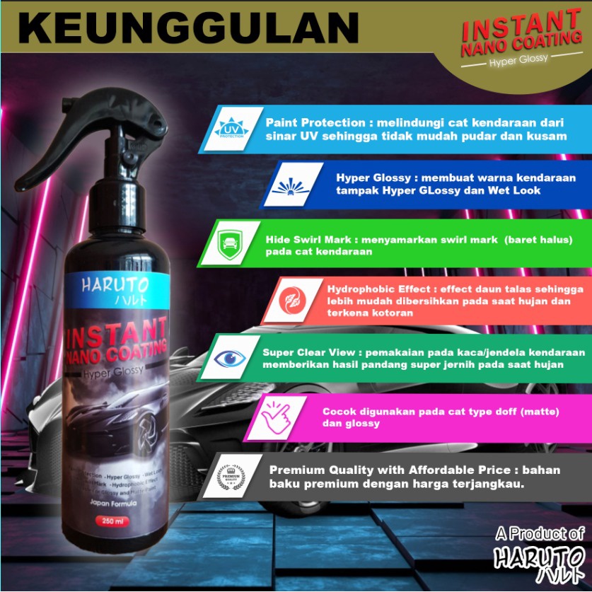 Instant nano coating by Haruto pengilap hyper glossy untuk body motor dan mobil 250ml