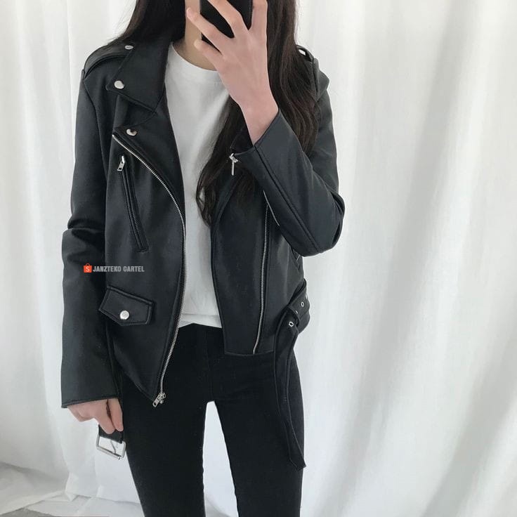 JNK x RMS - Jaket Kulit Wanita Ramones Changcuters Korea Blazer Style Punk Women Shirt Black Bahan Semi Kulit Sintetis Viena Faux Synthetic Leather Premium Original Genuine Elegan Jacket Cewek Perempuan Remaja Dewasa Model Slimfit Zipper Belt Korean 2023