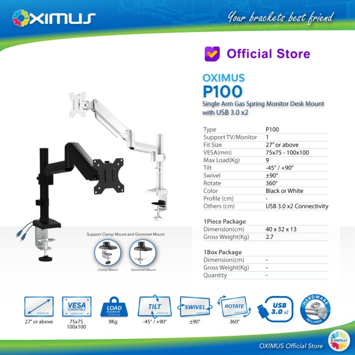BRACKET MONITOR TV LCD GAS SPRING OXIMUS P100 SWIFEL ROTATE USB 3.0 - Hitam