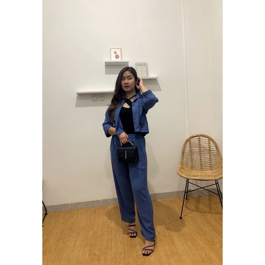 JOSHIN Alice oneset crinkle cullote long pants - setelan kemeja crop kulot panjang