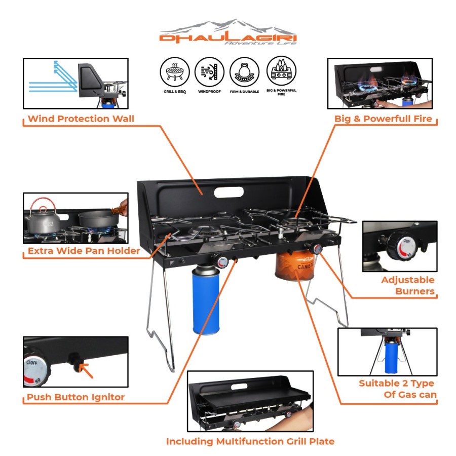 Dhaulagiri Camping Stove Twin Burner with Grill Plate