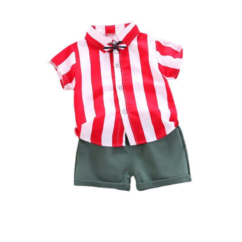 LID7001 - Baju + Celana Pendek Cotton Set 2in1 Setelan Bayi Lengan Pendek Garis