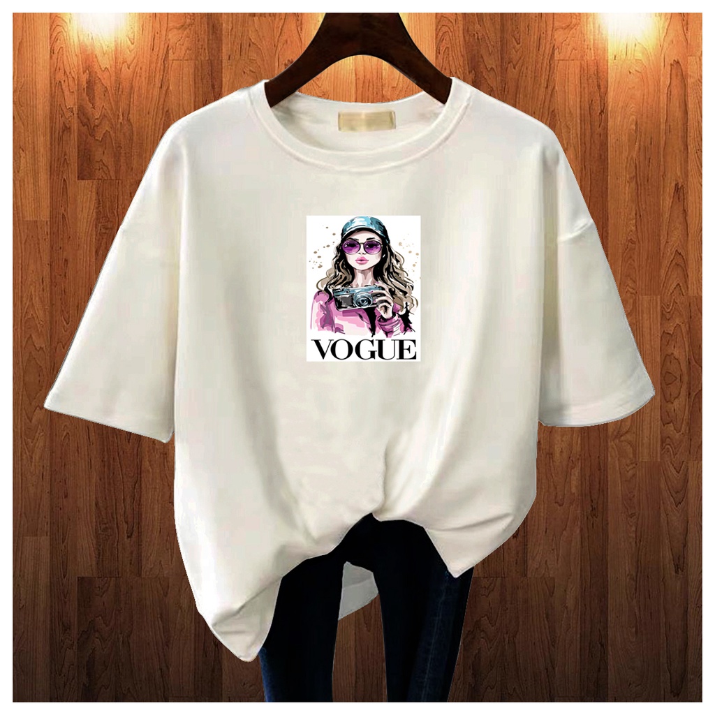 CALVIERO SHOP - BAJU KAOS ATASAN WANITA PRINT VOGUE PINK CAMERA LOGO GALAXY PRINT