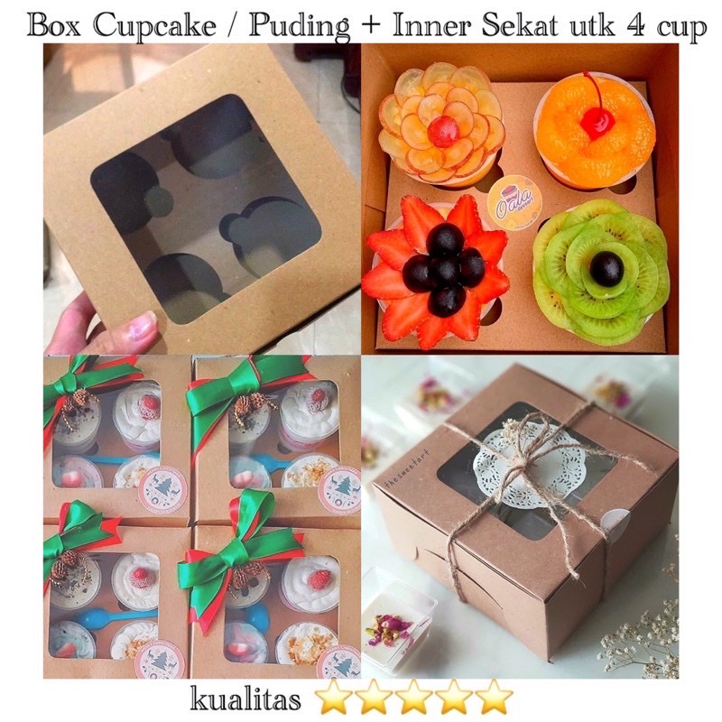 Kotak Kue Cupcake / Puding Tebal Jendela + Inner 4 Lubang Cup Box Cupcake / pudding box pudding kota