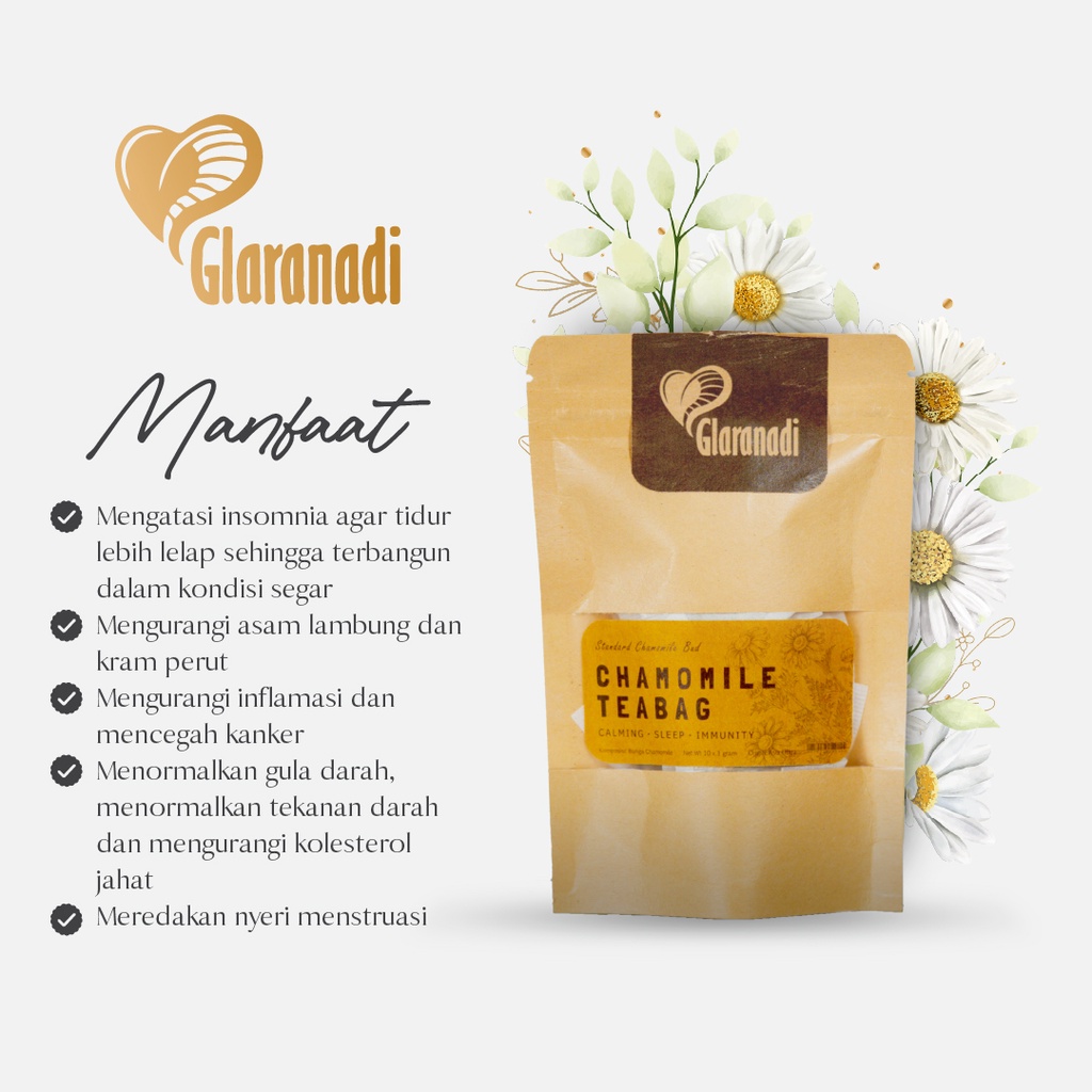GLARANADI - Teh Bunga Chamomile Tea Bag untuk Insomnia &amp; Mempermudah Tidur 10 Kantong 50 Kantong / Teh Chamomile (Pure Chamomile Tea)