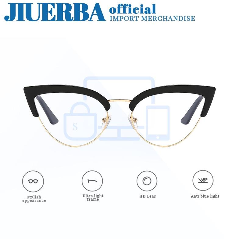 JIUERBA Eropa dan Amerika Retro Cat Eye Metal Half Frame Anti-Radiasi Wanita Kacamata UV400 Fashion 