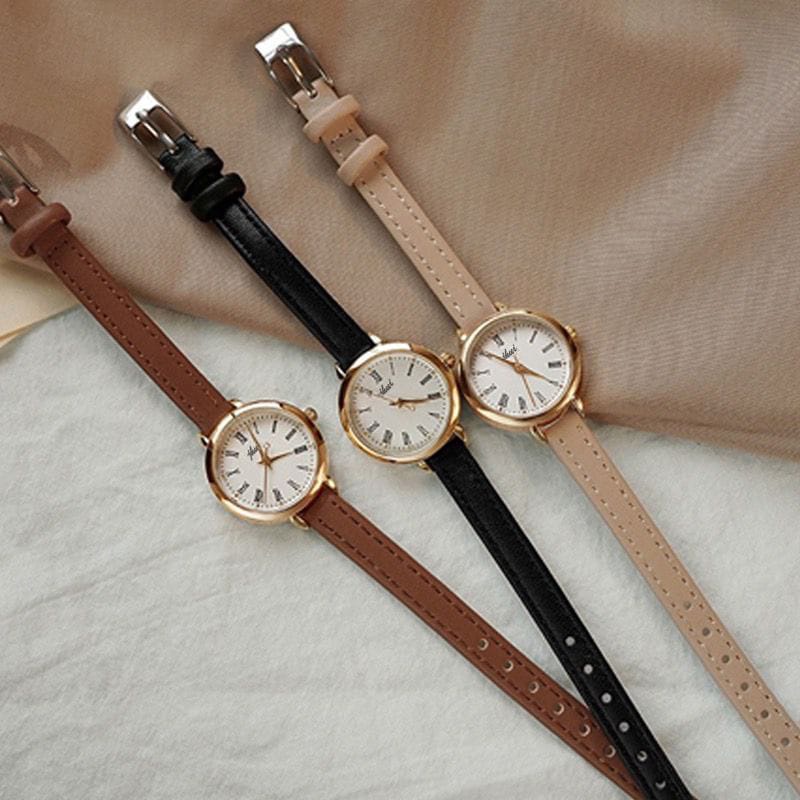 Jam Tangan Wanita Analog Kecil Dial Bulat Dengan Strap Pu Leather Korean Fashion Jam tangan Quartz Strap PU Analog casual gaya retro wanita bulat watch korean