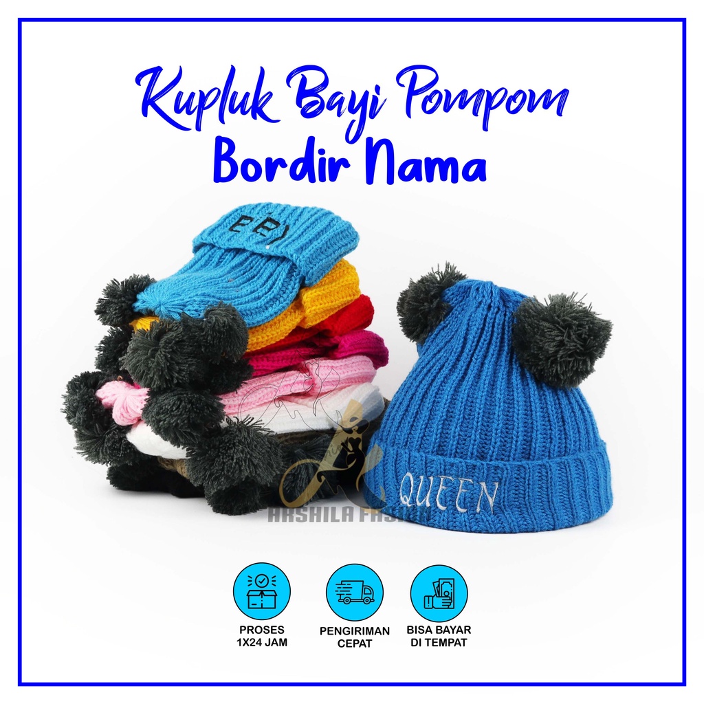 Topi Bayi Kupluk Rajut Pompom Polos Gratis Bordir Nama Anak