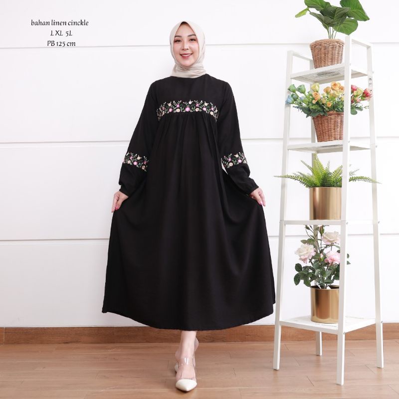 Zaja - Kanaya Midi Dress Bordir Cantik Matt Linen Cringkel Terbaru