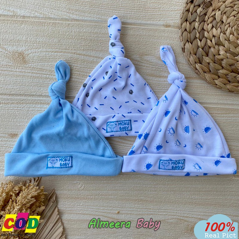 Isi 3 PCS Kupluk Bayi Baru Lahir Topi Bayi Baru Lahir Seri Biru Usia 0-3 Bulan Almeera Baby and Kids