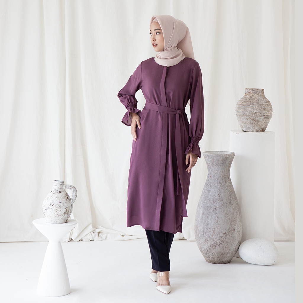 Aras by Aska Label - Tunik wanita blouse polos tali detail lengan kerut dan full kancing depan warna lilac, ungu, plum, abu tua dark grey