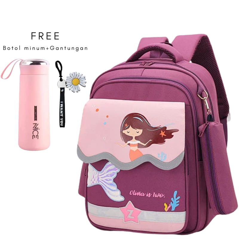 Tas Ransel Anak Sekolah Perempuan SD TK PAUD Motif Kartun Putri Duyung tas ransel free botol minum dan mantel tas