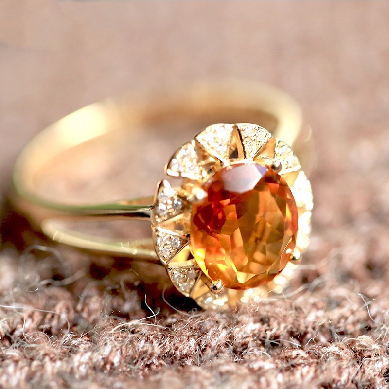 Set Cincin Emas Emas Asli Kadar 375Hias Berlian Oval Citrine Dapat Disesuaikan Untuk Pertunangan