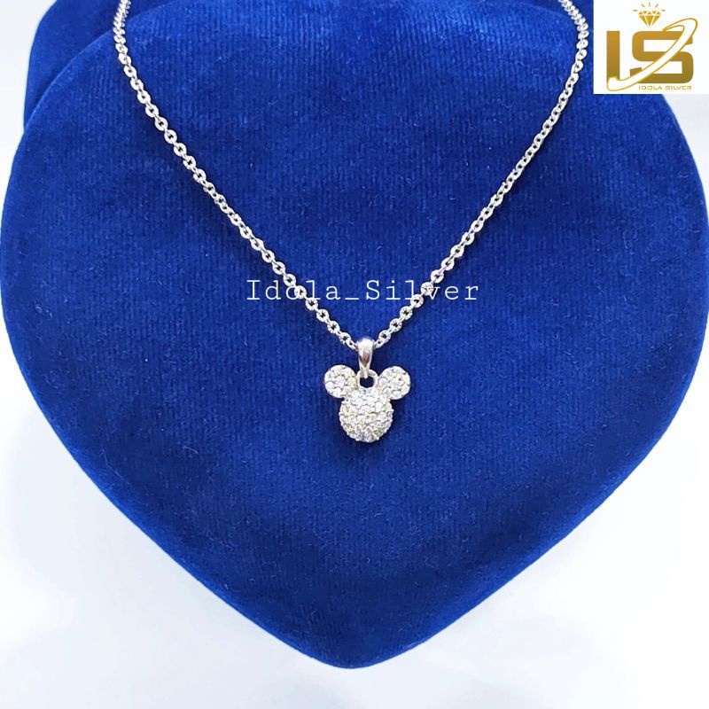 KALUNG PERAK DEWASA ASLI SILVER WANITA 925 LAPIS EMAS PUTIH MODEL LIONTIN MICKEY PERMATA - PERHIASAN PERAK WANITA ASLI