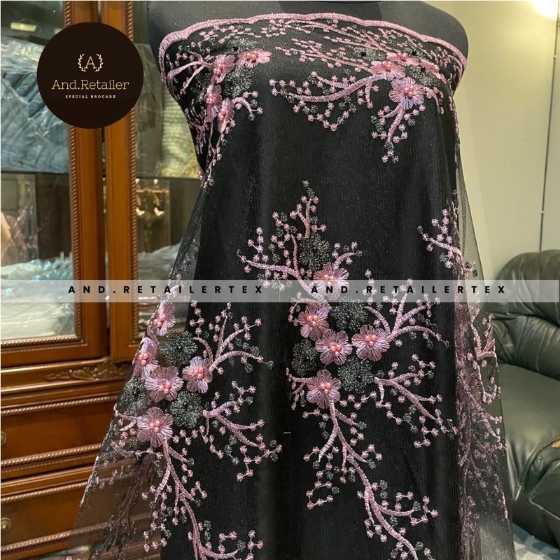 Bahan Kebaya Mewah Brokat Hitam Embroidery Stone Mutiara Athena 2 tone Dusty Pink