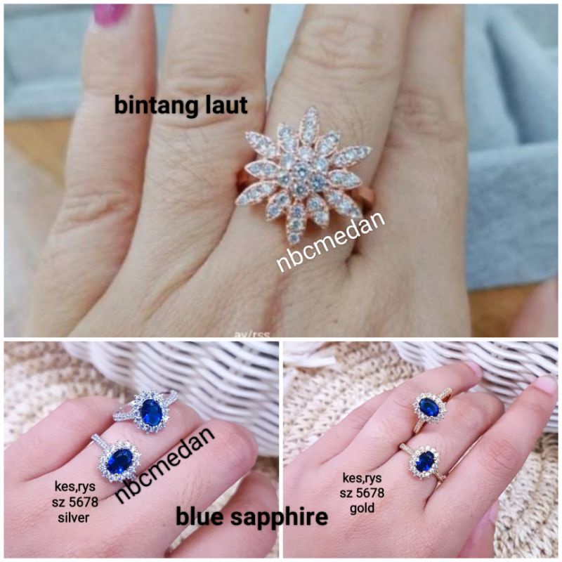 Cincin replika berlian  model bintang laut dan blue sapphire  mewah Cantik Tahan Lama,bisa dipakai sehari hari