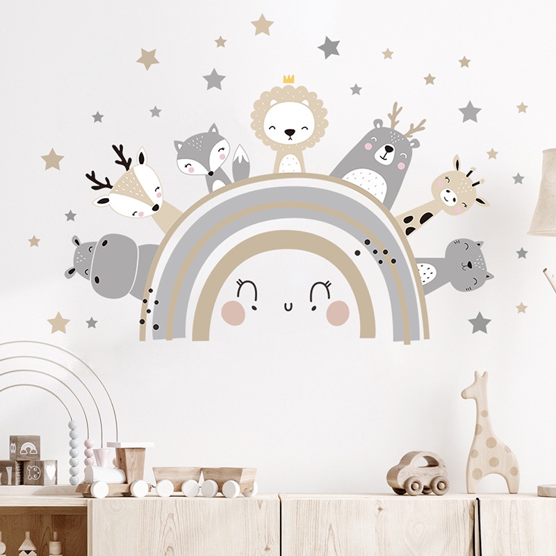 Wallpaper PVC Dekorasi Rumah Kartun Hewan Bintang Lucu Kartun Dekorasi Stiker Dinding Wallpaper Removable Motif Rubah Pelangi Wallpaper Kamar Anak Removable