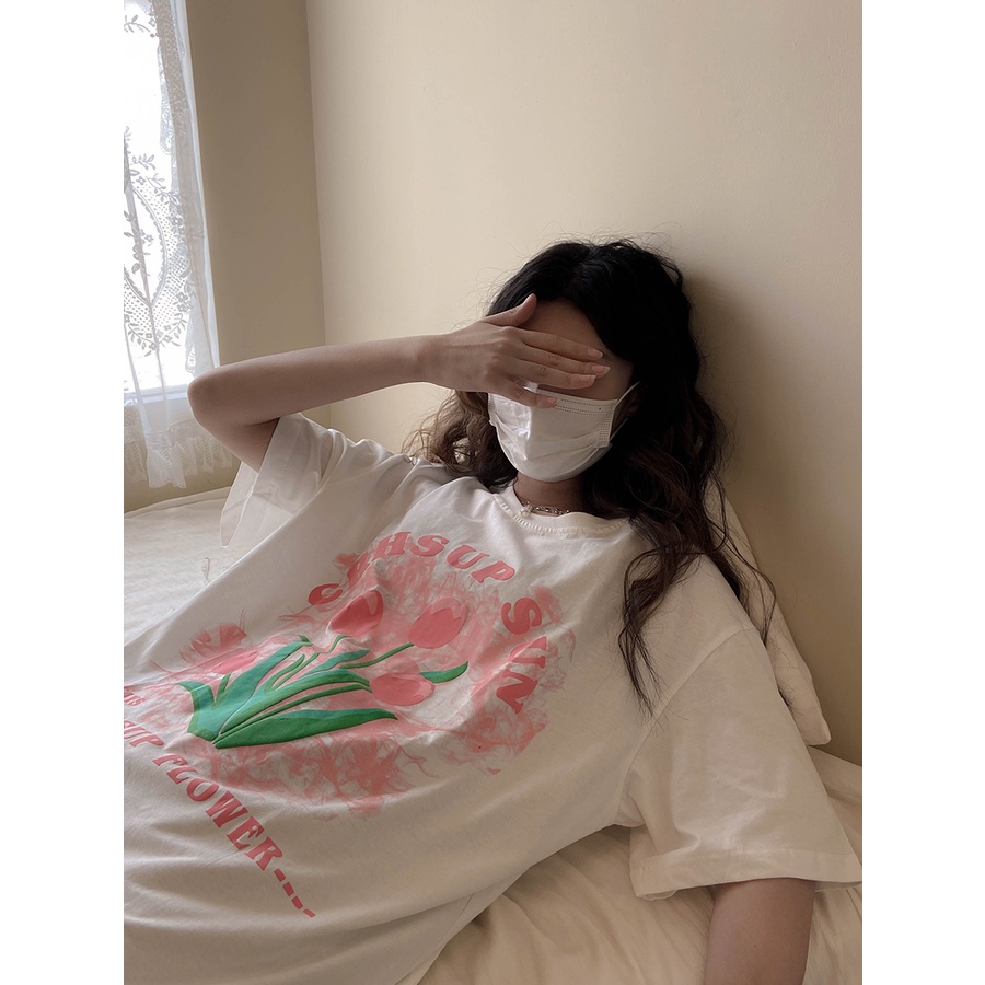 EUNII T-shirt Lengan Pendek Kartun Bunga-Bunga Pencetakan Longgar Korean Style/Kaos Atasan Wanita/Baju Kaus Oversize Wanita