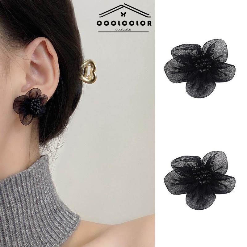 COD❤️1 Pasang anting bunga hitam Korea Musim Gugur Dingin Hitam Kasa Retro Gaya Cina  Anting Tusuk Motif Vintage Fashion Impor Murah Wanita Aksesoris