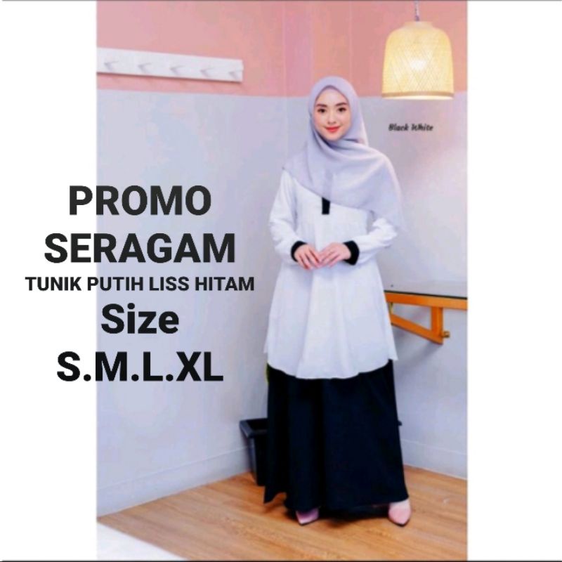 BAJU SERAGAM MODEL TUNIK (PUTIH LISS HITAM) BISA DIPAKE SERAGAM SEKOLAH/GURU/PEMDA/PNS WANITA