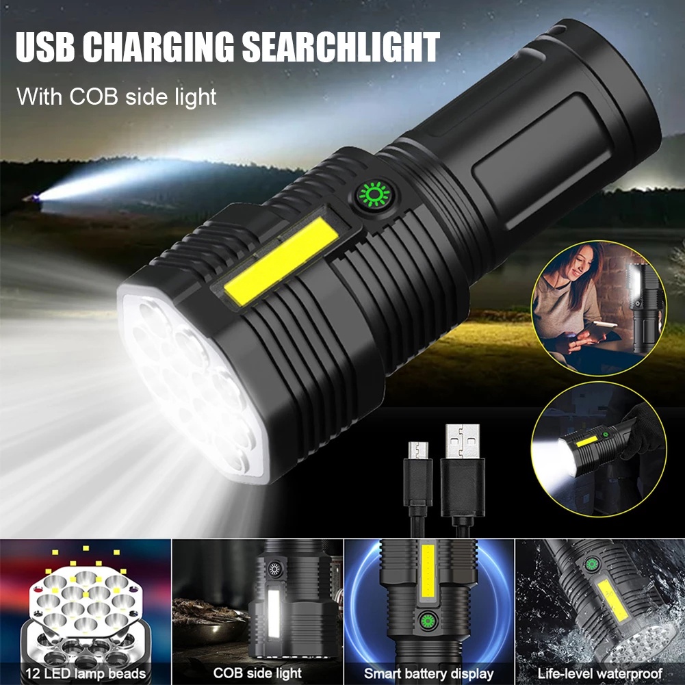 Flash Light Camping COB Durable Outdoors Waterproof High Power Travel USB Adjustable Multi-Mode 12 LED Flashlight Side Lamp Design Chargeable Round Emergency Light Bright