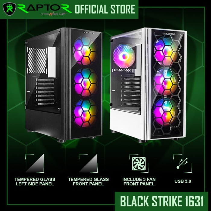 Casing RAPTOR Black Strike 1631 Free 3 FAN RGB - Tempered Glass