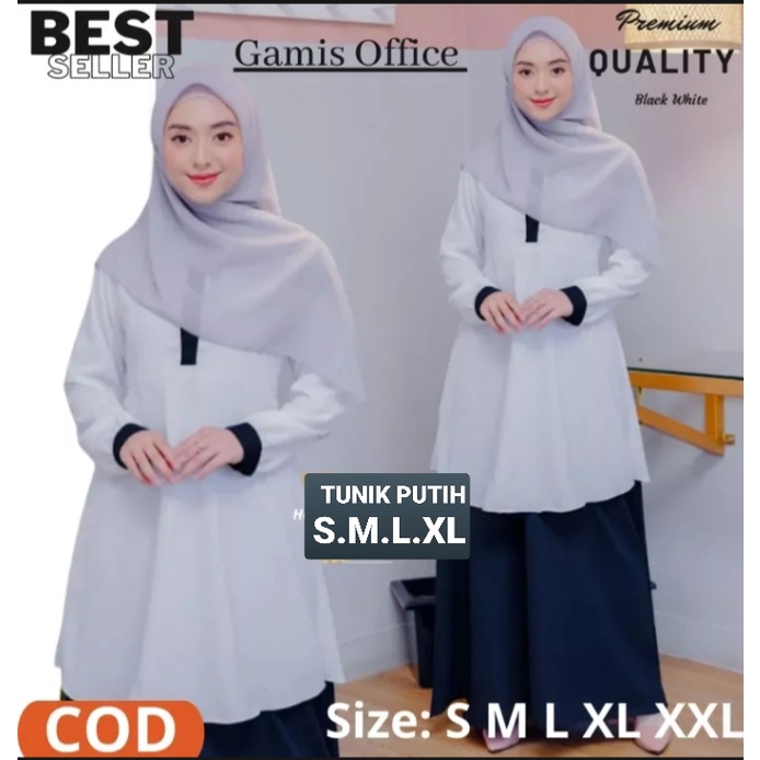 BAJU TUNIK PUTIH LISS HITAM (S.M.L.XL) BISA DIBUAT SERAGAM/SEKOLAH/GURU/PNS/PEMDA