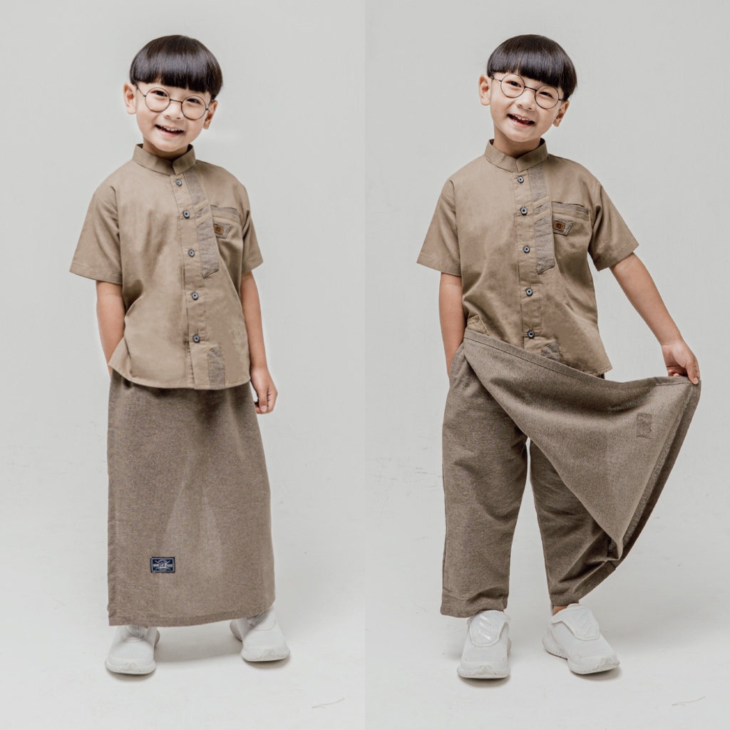 Hooflakids Set Setelan Baju Koko Anak Laki Laki Usia 1-10 Tahun Warna Sand Castle (NKH08) Bawahan Celana Sarung Sarcel