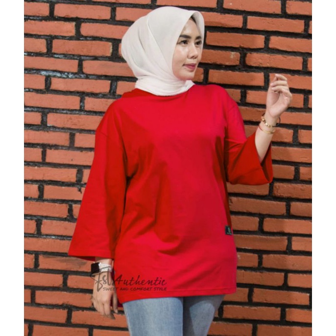 Kaos atasan wanita model belah samping motif polos lengan panjang 7/8 bahan katun
