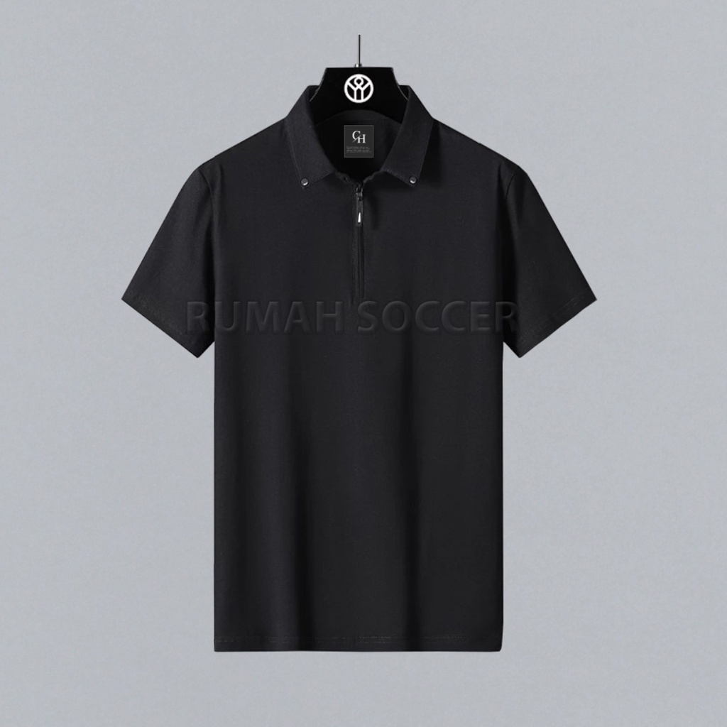 Kaos Kerah Pria Lengan Pendek Resleting ELYON Polo Shirt Formal Hitam Polos