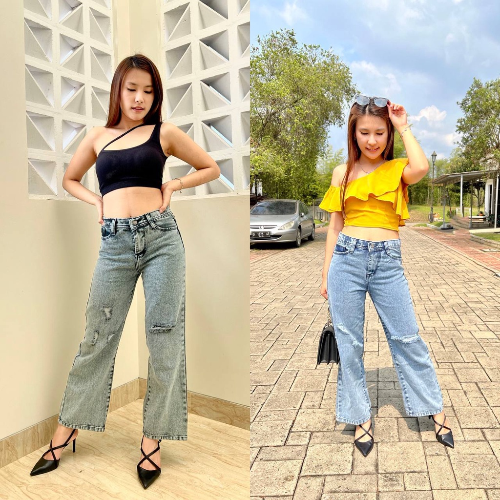 Highwaist Kulot Jeans Sobek - Viola Ripped  Jeans - Jeans Kulot Sobek Highwaist - Celana Ripped Wani