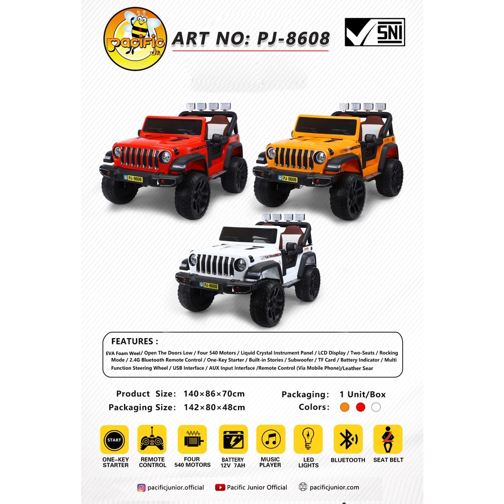 Mainan Anak Mobil Aki PJ-8608 Jeep Rubicon Wrangler 4x4 4wd all whell drive cewek cowok laki laki perempuan remot control dan bisa dikendarai dinaiki