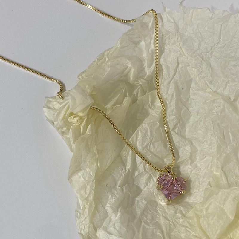 Kalung Klavikula Desain Unik Elegan Bentuk Hati Bahan Zirkon Warna Pink Untuk Wanita