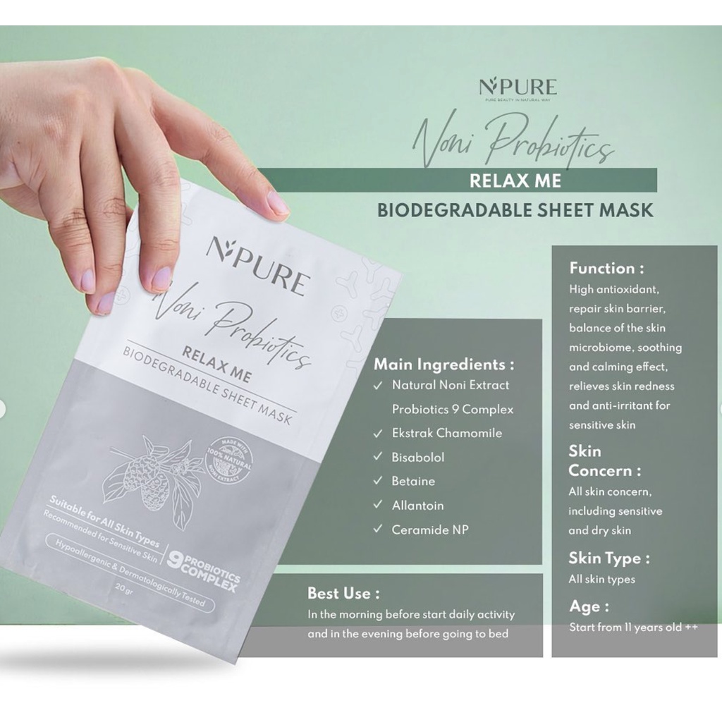 B25 N'PURE noni probiotics sheet mask masker npure murah asli termurah original bpom 20gram salon wajah perawatan kecantikan tubuh mata melembabkan anti aging garis halus kerutan serum essence scrub peel toner pembersih