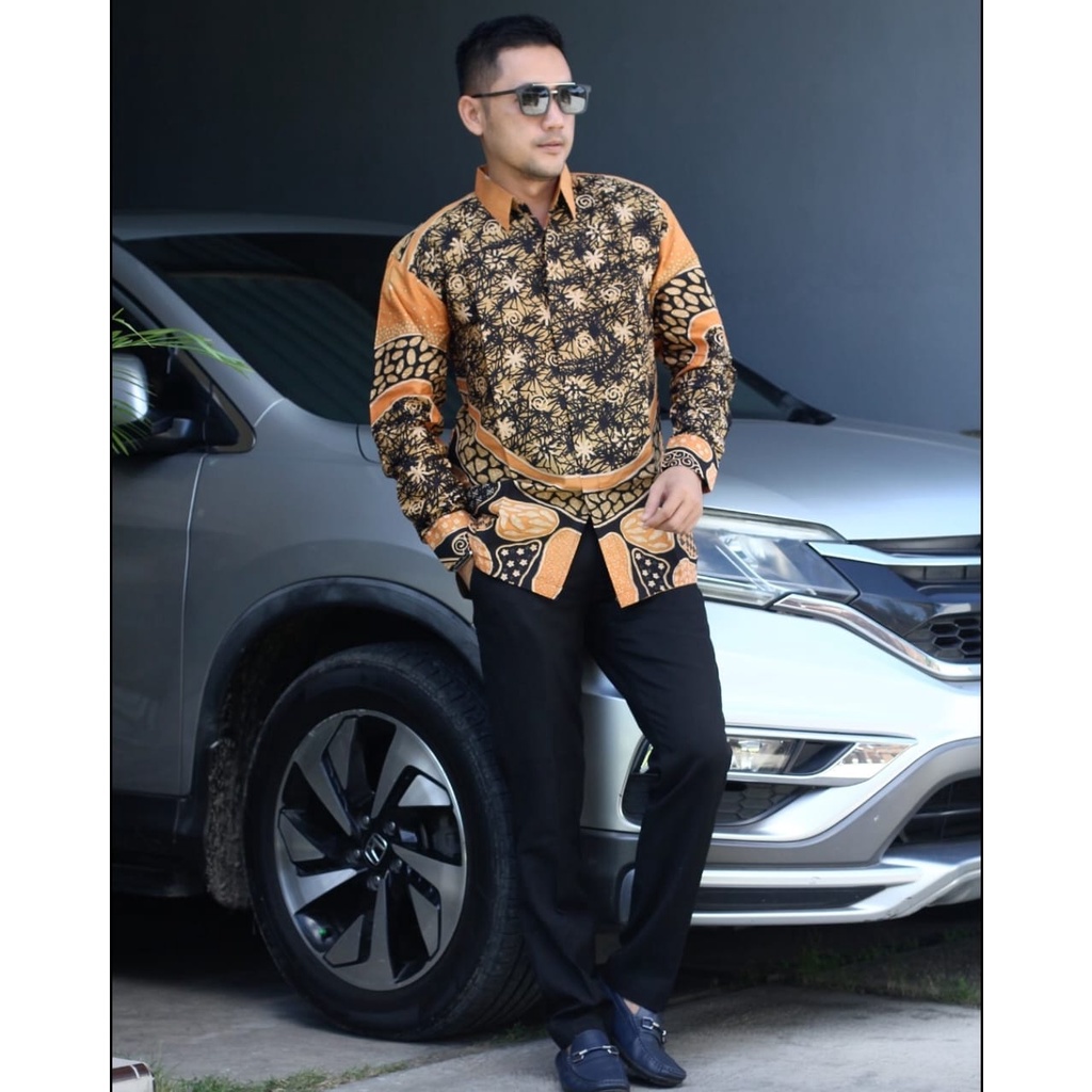 Batik pria lengan panjang HITAM  ORANGE modern ORIGINAL BAJU PREMIUM KEKINIAN SOLO MURAH TERBARU &quot;FLORIST&quot;