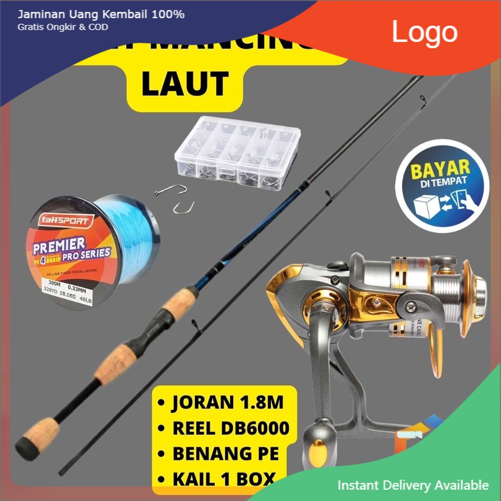 Joran Rel Senar/Benang Kail Alat Pancing Laut 1 Set Siap Mancing Joran Carbon 2 segmet 180cm Reel Sp