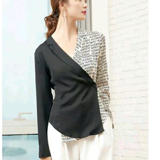 5440 REALPICT PREMIUM Baju atasan Blazer two tone hitam kombinasi ala Korea Korean style wanita impo