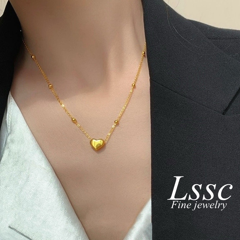 Kalung Titanium Asli Wanita Anti Karat Emas 18K Berlian Beruntung Karakter China 'Fu' Aksesoris