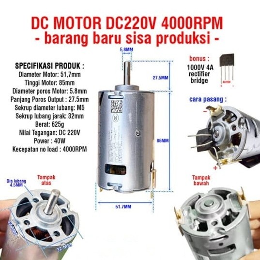 Motor Fan Dinamo AC DC 220V 4000 RPM DIY Grinder Bor Drill