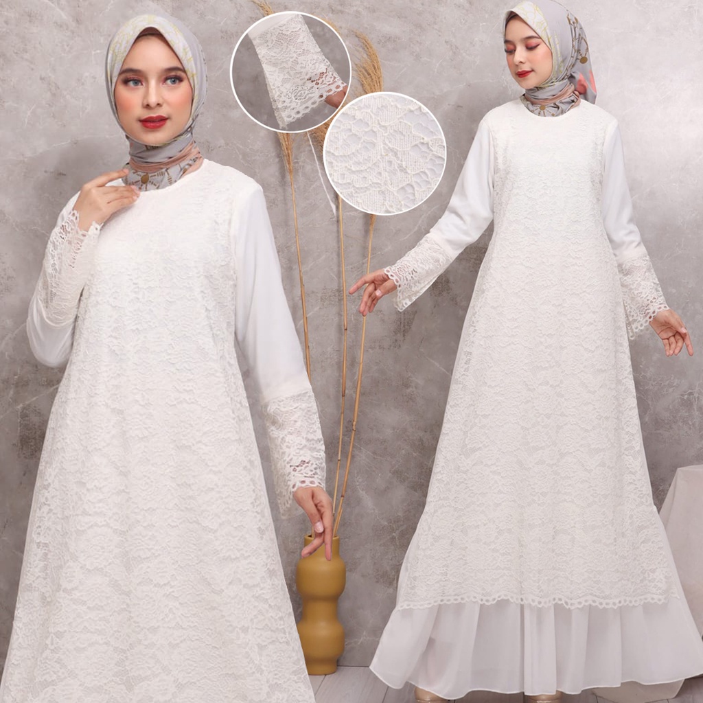 KKUM OFFICIAL Gamis Putih Hijab Dress Brukat Baju Lebaran Umroh Haji Busana Muslim AGNES Wanita Terbaru