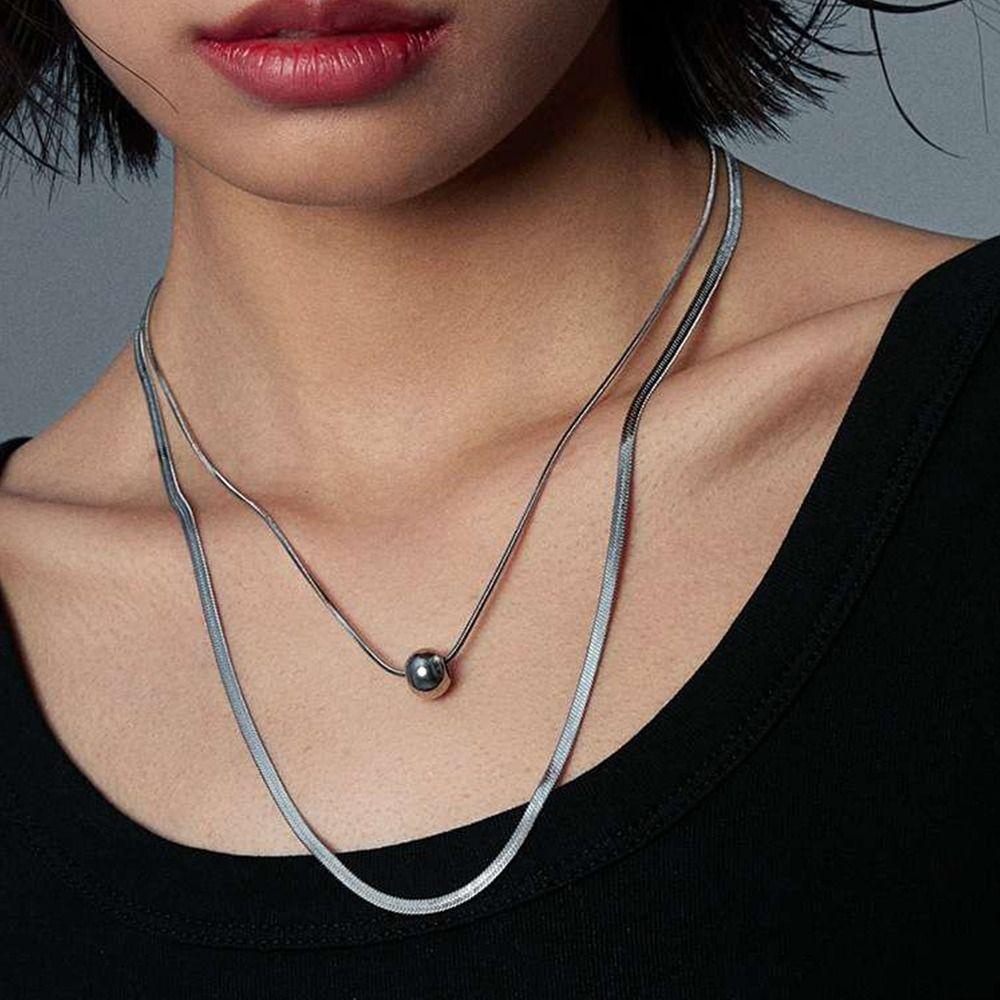 Needway   Kalung Gaya Korea Keren Sederhana Bola Bulat Double Layer Titanium Steel Kalung Tulang Ular