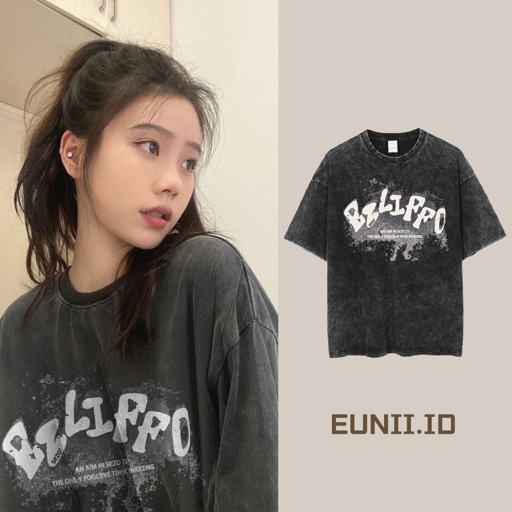 EUNII T-shirt Lengan Pendek Washed Retro Modis Bahasa Inggris Pencetakan Longgar Korean Style/Kaos Atasan Wanita/Baju Kaus Oversize Wanita