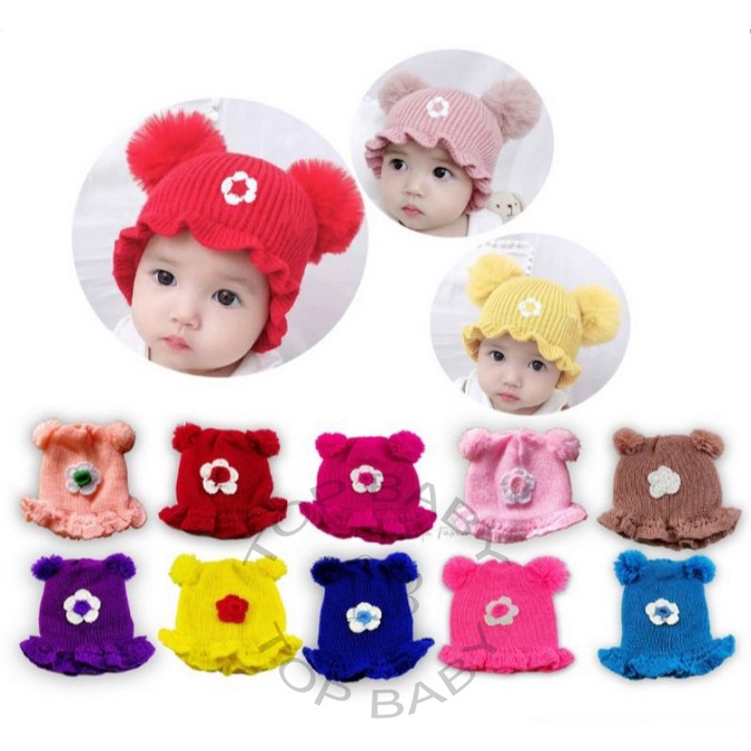 Topi Rajut Bayi Anak Pompom Bunga - 4666