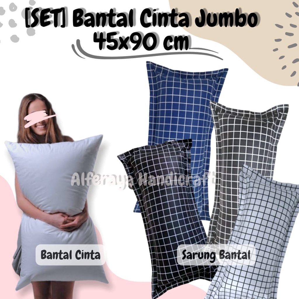 [SET] Bantal Cinta uk.45x90cm + Sarung Bantal Motif Grid Kotak2 Aesthetic • Bantal Cinta Jumbo 45x90