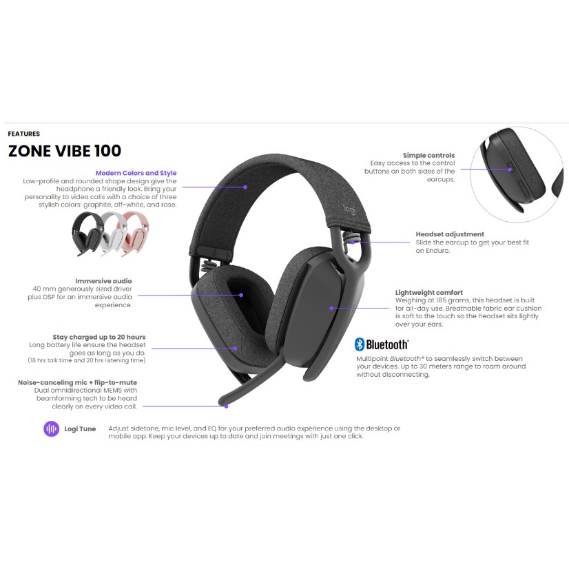 Logitech Zone Vibe 100 wireless Headset Bluetooth
