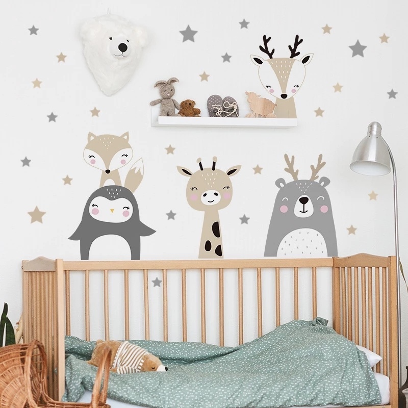 Wallpaper PVC Dekorasi Rumah Kartun Hewan Bintang Lucu Kartun Dekorasi Stiker Dinding Wallpaper Removable Motif Rubah Pelangi Wallpaper Kamar Anak Removable