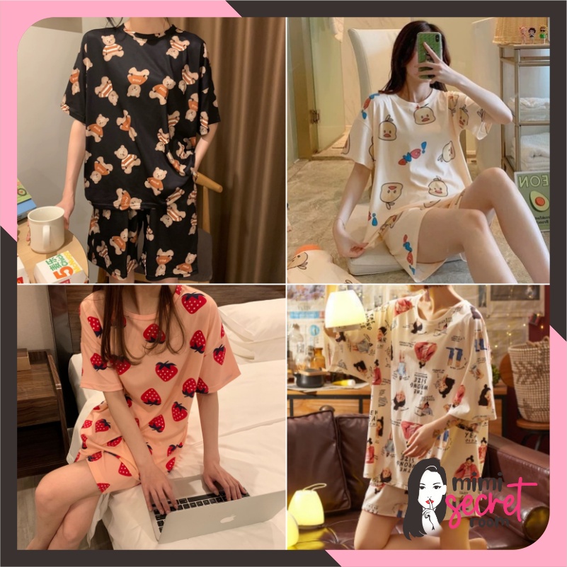 ❤ MIMI ❤ Baju Tidur Piyama Korea Import Motif Lucu Setelan Tidur Hotpants Murah