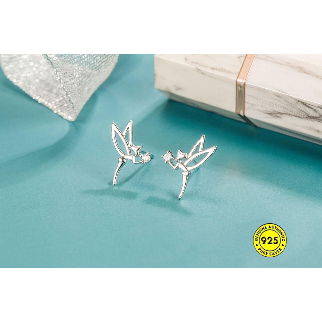 Anting Tusuk Sterling Silver 925 Desain Sayap Peri Hias Berlian Imitasi Untuk Wanita U1054