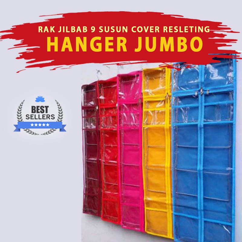 Rak Kerudung Gantung JUMBO dengan Cover Gantungan Hijab Susun Resleting 9 Kotak Besar
